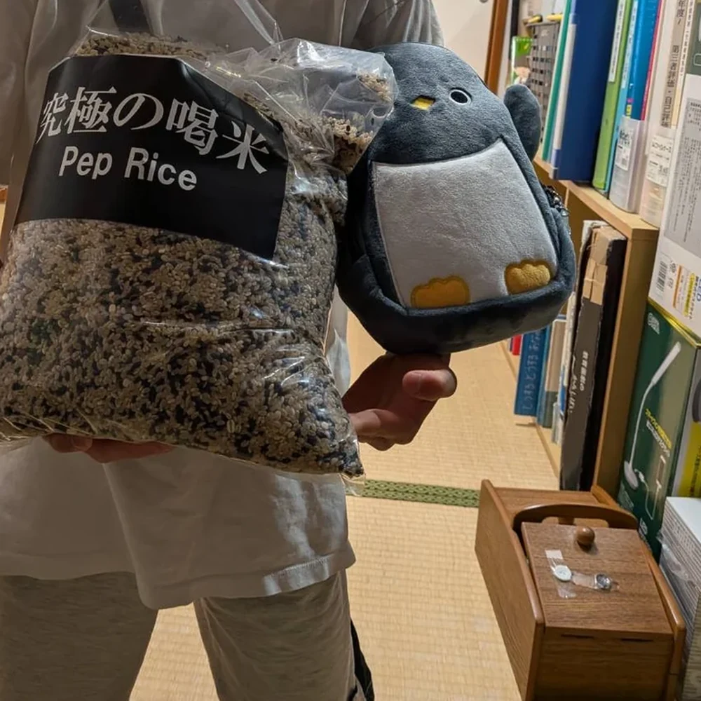 究極の喝米の大きな袋を、ぬいぐるみと一緒に抱える子ども